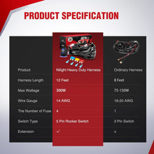 Load image into Gallery viewer, Nilight 14AWG 10014W LED Light Bar Wiring Harness Kit - 2 Leads Heavy Duty 12V 5Pin Rocker Laser On Off Waterproof Switch Power Relay Blade Fuse, 2 Years Warranty